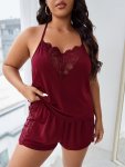 Plus Size Sexy Pajama Set Women's Plus Contrast Lace Scalloped Trim Halter Cami Top & Shorts Lounge Two Piece Set