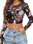 Avidlove Mesh Long Sleeve Tops For Women See Through Shirt Mesh Tops Sheer Crop Tops Floral XXL