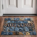 Welcome Cobblestone 3D Stone Pattern Rug - Non-slip Waterproof Machine Washable Polyester Carpet For Home & Outdoor Decor - Perf