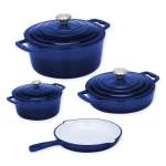 Smte 7 PC Cast Iron Oven Cookware Pot Dark Blue Set With Keychain