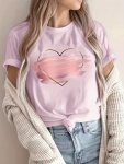 Heart Print Crew Neck T-Shirt Casual Short Sleeve Top For Spring & Summer Women's Clothing