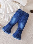 Toddler Polyester Denim-look Pants With Bow Detail Elastic Waist Flared Bell Bottoms Casual Solid Color Bow-knot Trousers For Sp