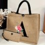 Chic 2PCS Linen Tote Set With Floral & Letter Design - Perfect For Weddings Birthdays Beach Outings Ideal Gift For Women Mothers Teachers Friends Bridesmaids