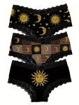 3PCS Moon & Sun Print Lace Trim Briefs Comfy Breathable Stretchy Intimates Panties Women's Lingerie & Underwear