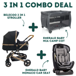 Emerald Baby Monaco Car Seat + Emerald Baby Mia Camp Cot + Belecoo 2 In 1 Stroller Combo - Black Stroller Red Car Seat