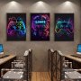 3PCS Contemporary Cartoon Gamer Wall Art - Reusable Matte Finish Pre-pasted Canvas Decor With Neon Game Controller And Headset Design - Fantasy Esports Gaming