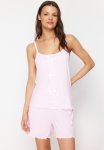 Ribbon bow Detailed Rope Strap Corded Knitted Pajama Set - Light Pink