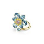 SWAROVSKI Idyllia Open Ring Mixed Cuts Flower Blue Gold-tone Plated - 60