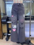 Heart Love Letter Graffiti Print Ripped Denim Pants High Rise Washed Blue Valentine's Day Wide Leg Jeans Women's Denim Jeans & C