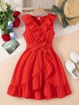 Elegant Girls Solid Ruffle Trim Sleeveless Belted Dress Summer Clothes Party