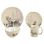 Paseo Road White Pine 16 Piece Ceramic Dinnerware Set Pine Tree Bear Deer Moose Fox Print Modern Rustic Cabin Lodge Dish Set Wit