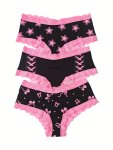 3PCS Scallop Lace Trim Allover Print Seamless Briefs Elegant Comfy Breathable Stretchy Intimates Panties Women's Lingerie & Unde