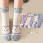 5 Pairs Girl's Polka Dot Rabbit Cute Pattern Socks Breathable Comfy Crew Socks Children's Trendy Summer Spring Socks