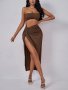 Sexy Solid Color Ruched Skirt Set Crop Backless Bandeau Top & High Waist Slit Bodycon Skirt Women's Clothing