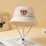 Hollow Breathable Solid Color Bear Label Bucket Hat Uv Protection Breathable Sunshade All Seasons Fishing Hat For Newborn Baby