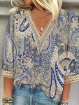 Paisley Print V Neck Blouse Boho Contrast Lace 3 4 Sleeve Top For Spring & Summer Women's Clothing