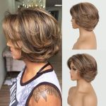 Jolelyne Highlight Brown Wig With Curtain Bangs - Layered Wavy Bob For Women Short Pixie Cut Synthetic Ombre Dark Brown Curly Fo