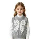 Tween Girls Sleeveless Sweater Vest Kids Crewneck Knit Layering Top With Lace Bow Lightweight Cute Grey 5-6 Years