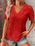 Solid Color V Neck Lace T-Shirt Casual Short Sleeve T-Shirt For Spring & Summer Women's Clothing