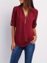 Solid V Neck Blouse Casual Ruched Rollable Sleeve Half Zip Blouse Women's Clothing