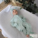 Baby Grow With Beanie And Bow Sage Green White Leaf