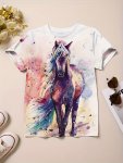 Boys Girls Cool Horse Graphic Print Tee Girls Casual & Trendy T-Shirt For Spring & Summer Girls Clothes For Outdoor Activities