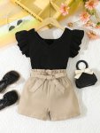 2PCS Cute Flounce-sleeve Top + Belt Shorts Girl's Summer Set - Perfect For Casual Outings Gift Idea