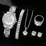 Women's Watch Silvery Rome Fashion Quartz Watch Sparkling Rhinestone Analog Wrist Watch & 6PCS Jewelry Set Gift For Mom Her