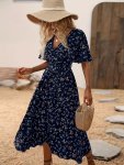 Floral Print V-neck Aline Dress Elegant Flutter Sleeve Tie Waist Swing Dress For Spring & Summer Women's Clothing