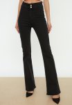Waist Detailed High Waist Jegging Flare Jeans - Black