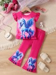 Girl's Outfit Magical Unicorn Print Ruffle Sleeve Top + Flare Pants Set 2PCS Cute Girls Summer Clothes