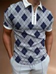 Geometric Pattern Print Men's Casual Short Sleeves Zipper Graphic Shirts Lapel Collar Tops Pullovers Men's Clothing For Summer