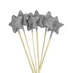 Silver Glitter Medium Stars On Stick Pack Of 6
