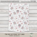 Personalised Fleece Blanket Pink And Grey Bunny Soft Flower