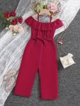 Elegant Cold Shoulder Ruffle Trim Romper Girls Comfy Overalls Jumpsuit With Bow Belt For Spring Summer Fall Party Gift