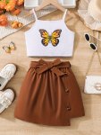 2PCS Butterfly Graphic Cami Top + Button Decor Solid Color Skirt With Belt Set For Girls Casual And Trendy Holiday Set Summer Gi