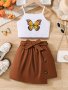 2PCS Butterfly Graphic Cami Top + Button Decor Solid Color Skirt With Belt Set For Girls Casual And Trendy Holiday Set Summer Gift Girls' Clothing