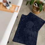 Two Piece Plain Cotton Bathroom Mat Set - Navy
