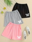 3PCS Girls' Comfy Solid Color Elastic Waist Shorts Set Cartoon Butterfly Print Activewear For Summer Stylish Breathable Flexible