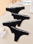 4PCS Bow Decor Frill Contrast Trim Thongs Sexy Comfy Breathable Stretchy Intimates Panties Women's Lingerie & Underwear