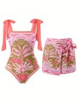 Plant Graphic 2 Piece Swimsuits Bow Tie Shoulder Straps Tummy Control One-piece Bathing-suit & Cover Up Skirt Women's Swimwear &