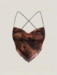 Hands & Flower Print Hanky Hem Top Vintage Cowl Neck Halter Top For Summer Women's Clothing