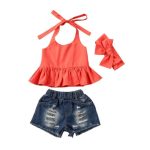 Denim Shorts And Halter Neck Orange Top And Headband 3-4Y - The Purple Lovey