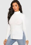 Side Split Turtle Neck Knitted Ribbed Top - Ecru
