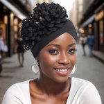 African-style Turban Hat For Women Cross Brimmed Chemo Hat With Large Flower And Studded Rhinestone Accents