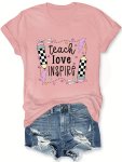 Teacher's Day Pencil Paper Airplane Element Print Crew Neck T-Shirt Casual Short Sleeve Top For Spring & Summer Women's Clothing