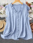 Plus Size Solid Color Swiss Dot Blouse Elegant Flutter Sleeve V Neck Blouse For Spring & Summer Women's Plus Size Clothing