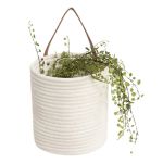 White Rattan Hanging Planter With Leather Straps