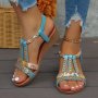 Women's Rhinestone Decor Sandals Elastic Strap Soft Sole Platform Vacation Shoes Glitter Non-slip Beach Wedge Shoes