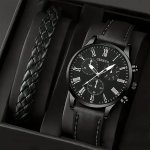 Elegant Men's Quartz Watch With Roman Numerals & Braided Wrist Accessory Set - Classic Black Faux Leather Strap Business casual